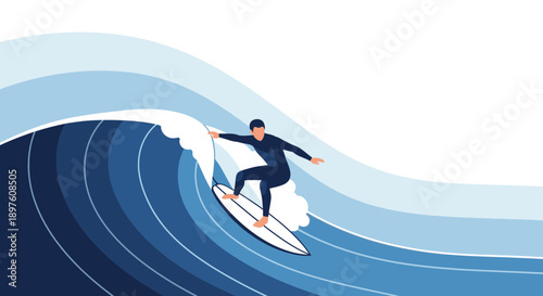 Dynamic Surfer Riding A Cresting Ocean Wave Illustration Minimalist Style