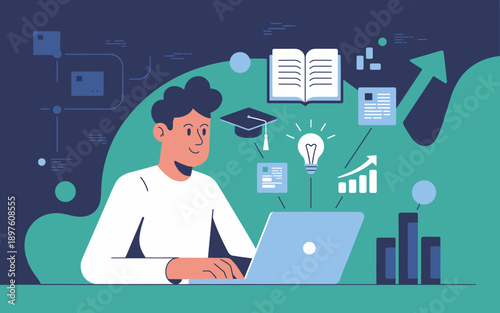 Smiling student using laptop for online education and e-learning courses with graduation cap book and lightbulb professional vector illustration for educational technology web banner and digital marke