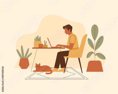 Man working at laptop with cat illustration in minimalist apartment workspace home office remote worker character design for online learning freelance business technology lifestyle blog post modern ve