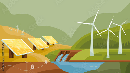 Renewable Green Energy Landscape with Solar Panels Wind Turbines and Hydro Dam Generating Power Clean Sustainable Electricity for Eco Friendly Future in Nature Environment Conservation Illustration fo