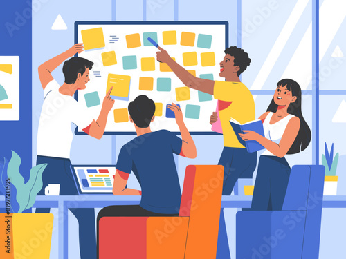 Diverse team brainstorming ideas on whiteboard in modern office collaborative workspace for innovative solutions and creative problem solving strategic planning agile project management business prese