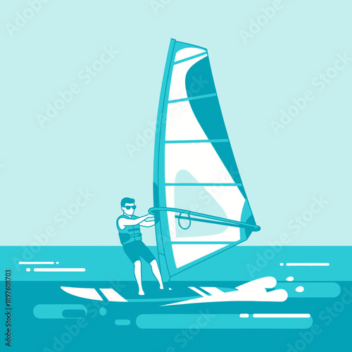 Dynamic Windsurfer Riding Waves Under Sunny Skies