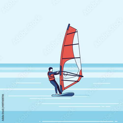 Dynamic Windsurfer Riding Waves On A Bright Sunny Day Action Sport