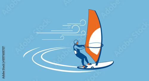 Dynamic Windsurfing Action Graphic With Stylized Waves And Wind Effects