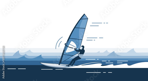 Dynamic Windsurfer Gliding Across Open Waters With A Blue Sail