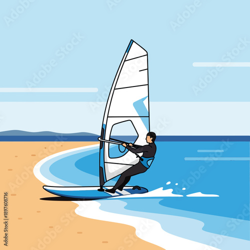 Dynamic Windsurfing Action On A Sandy Beach With Blue Waters