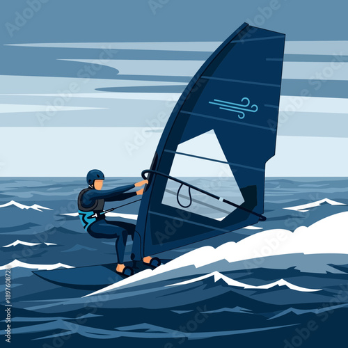 Dynamic Windsurfing Action Scene With Rider And Sail On Water