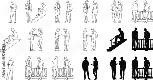 People standing and using smartphones line illustration set modern communication social interaction business casual figures minimal outline vector style