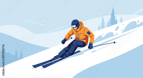 Dynamic Winter Sport Skiing Action Down Snowy Mountain Slope