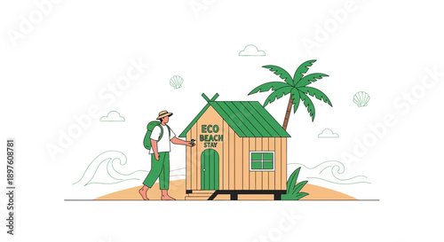 Eco Beach Resort Cabin Getaway With Palm Tree And Traveler
