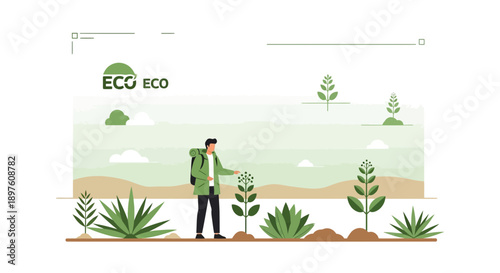 Eco Friendly Explorer Caring For New Plants In A Vast Open Landscape Environment