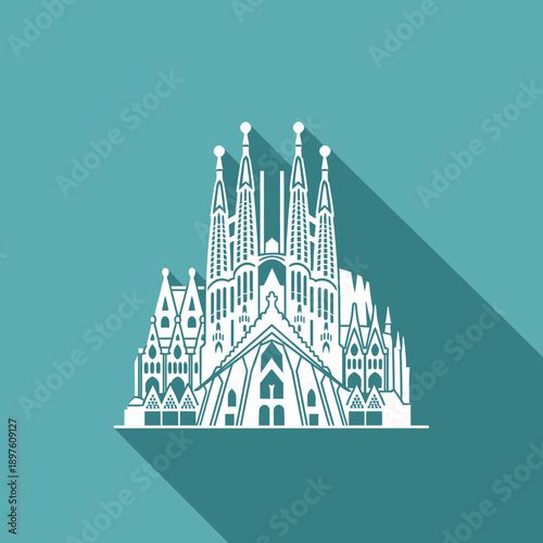 Stylized illustration of the Sagrada Família basilica with a long shadow effect.