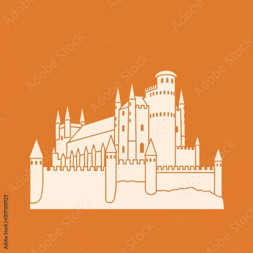 Illustration of a castle with towers and battlements on an orange background.