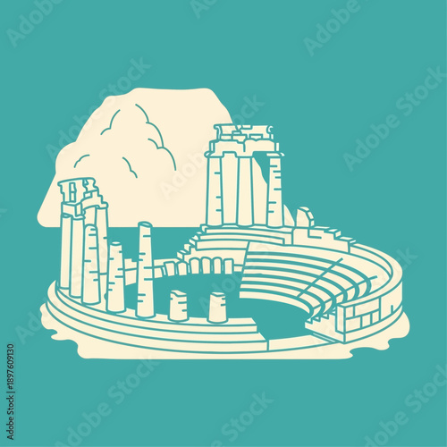 Illustration of an ancient Greek amphitheater with a mountain in the background.