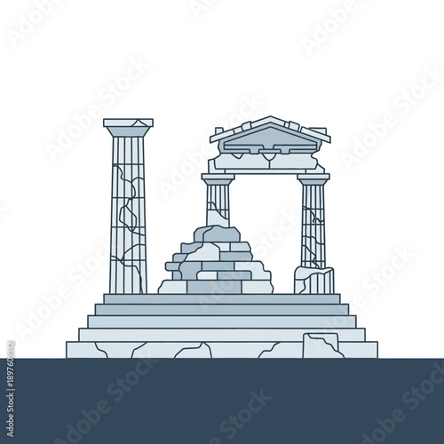 Illustration of ancient Greek ruins with broken columns and steps.