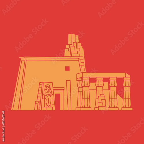 Illustration of an ancient Egyptian temple with a seated statue of a pharaoh.
