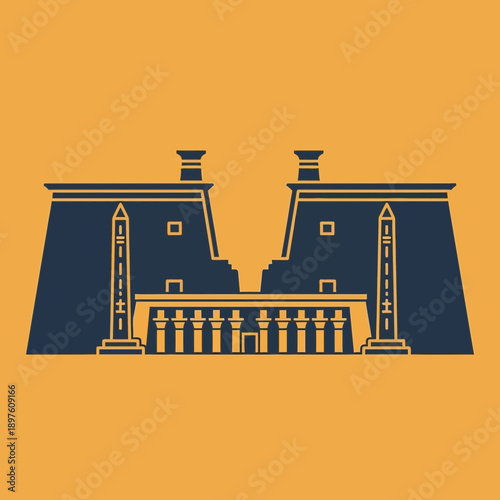 Illustration of an ancient Egyptian temple with two large pylons and columns.