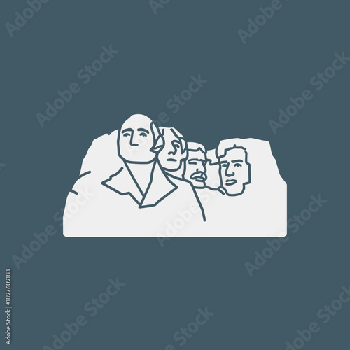 Line art illustration of Mount Rushmore featuring four carved presidential faces.