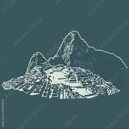 Artistic illustration of Machu Picchu with Huayna Picchu mountain in background.