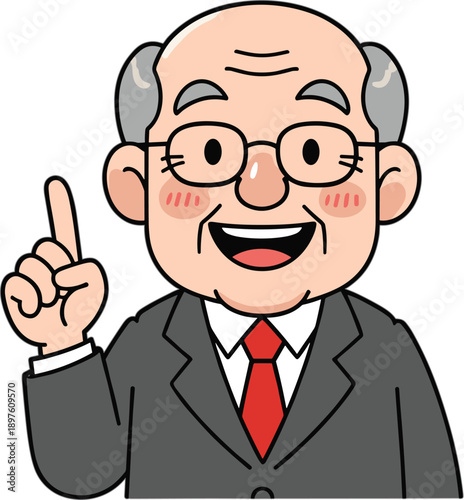 Cheerful senior businessman character in a suit wearing glasses pointing finger up having a great idea or giving advice