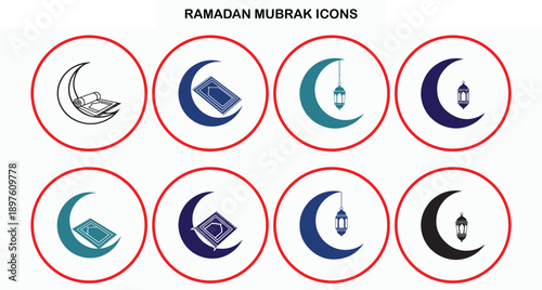 Minimal Ramadan Kareem Islamic Prayer & Crescent Moon Icon Set Vector Illustration on White Background