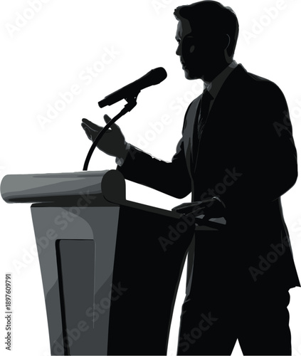 Professional businessman silhouette speaking at a podium with microphone during a corporate seminar conference or public speech event.