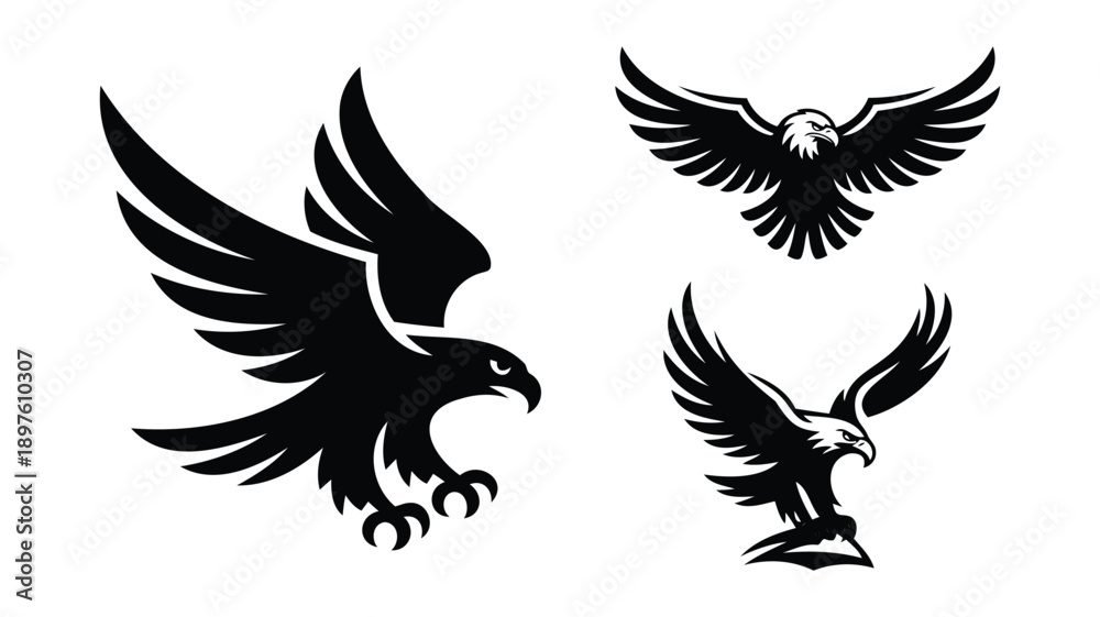 Obraz premium Three black eagle silhouettes in dynamic flight poses