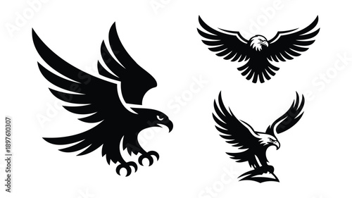 Three black eagle silhouettes in dynamic flight poses