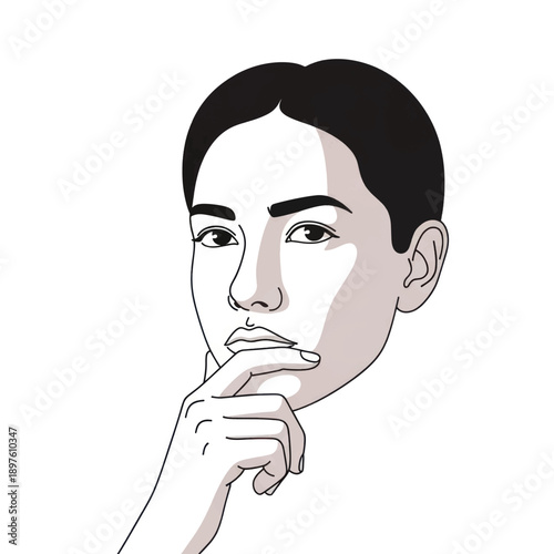Thoughtful portrait of a person with hand on chin in sketch style.