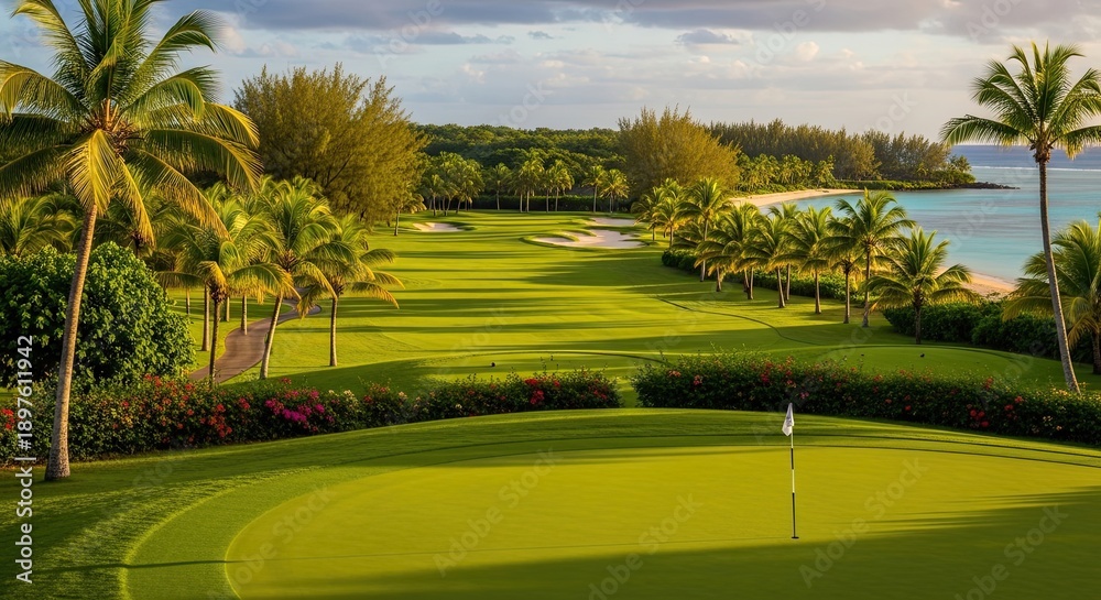 Fototapeta premium Scenic golf course landscape with green grass and palm trees near the ocean