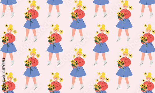 Womens Day 8 March seamless floral pattern with light skinned woman holding bouquet