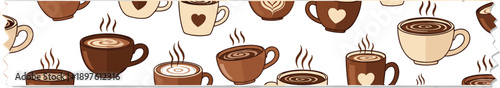 Whimsical Coffee Break: A Decorative Tape Strip with Steaming Coffee Mugs in Cozy, Cute Styles, Perfect for Scrapbooking, Journals, and Cafe-Themed Crafts