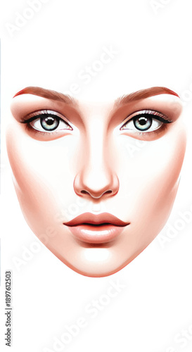 Closeup digital portrait of a stylized female face with makeup highlighting eyes and lips.