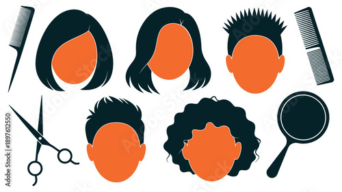 A graphic illustration of various hairstyles and hairdressing tools on a white background