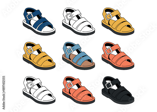 A colorful assortment of sandals in various styles and colors on a white background