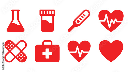 A collection of red medical icons on a white background, including a first aid kit, heart rate, and thermometer.