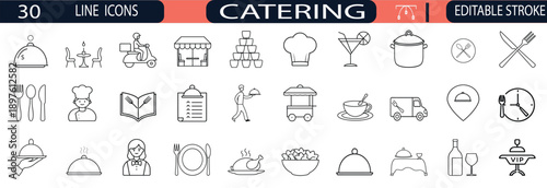 Catering and restaurant service line icon set, food delivery and buffet symbol, chef hat and menu book, waiter serving dinner, kitchen utensil and cookware vector illustration with editable stroke.