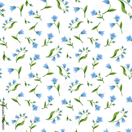 Seamless Botanical Pattern with Blue Bellflowers and Curled Green Stems for Summer Garden Textile and Nursery Wallpaper