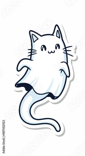 Playful white cartoon cat floating with a friendly pose in a minimalist illustration.