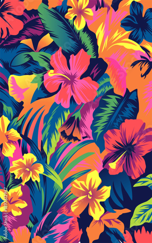 Vibrant Neon Tropical Seamless Pattern with Hibiscus Flowers and Palm Leaves in Retro Synthwave Aesthetic for Summer Party Decor