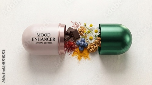 Mood enhancer supplement concept with transparent capsule filled with natural foods, nutrition and healthy lifestyle