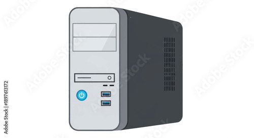 Modern desktop computer tower featuring a gray chassis and blue power button for a sleek workstation setup.
