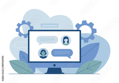 A computer monitor displaying a chat interface with speech bubbles and user icons, surrounded by gears and leaves.