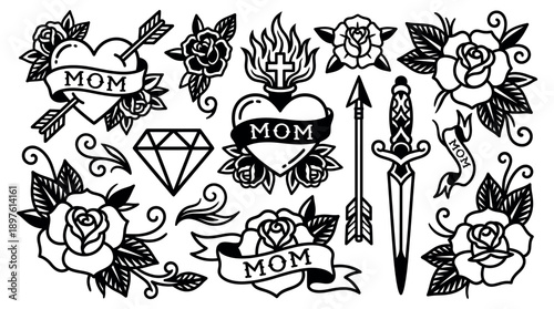 A collection of traditional tattoo designs featuring hearts, roses, and symbols with the word 'Mom' on a white background.