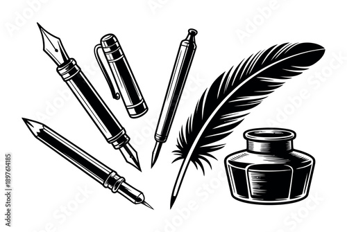 A collection of vintage writing instruments and a feather quill on a white background