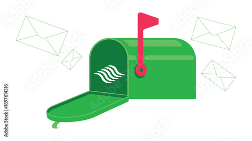 A green mailbox with a red flag and white logo is open with envelopes floating around it.