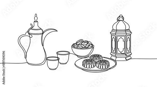 A traditional Arabic coffee setup with dates and pastries on a table