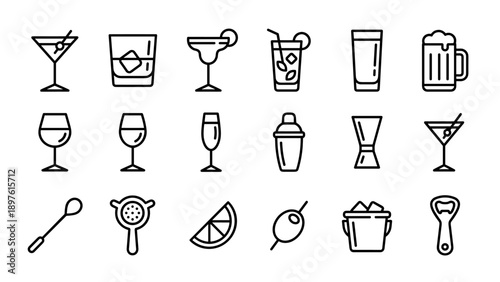Minimalist Cocktail and Bar Drink Line Icon Set Featuring Martini, Whiskey, Margarita, Beer, Wine, Champagne, Shaker, Jigger, Bar Spoon, Strainer, Citrus, Olive, Ice Bucket, and Bottle Opener.