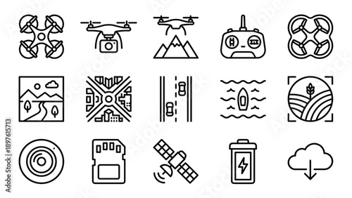 Set of 15 Minimalist Drone and Aerial Photography Line Icons Featuring Quadcopters, Remote Control, Satellite, Camera Lens, SD Card, Battery, and Various Landscapes for Mapping and Surveillance.