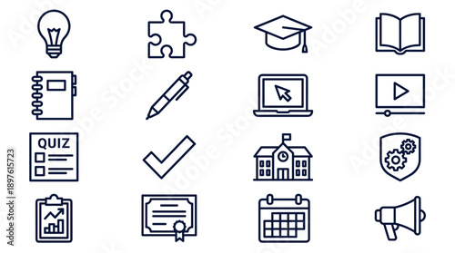 Set of 16 Education and E-learning Line Icons for School Administration and Online Learning, Featuring Light Bulb, Graduation Cap, Book, Laptop, Quiz, Certificate, Calendar, and Megaphone Symbols